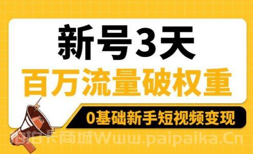 新号3天百万流量破权重，0基础新手短视频变现训练营